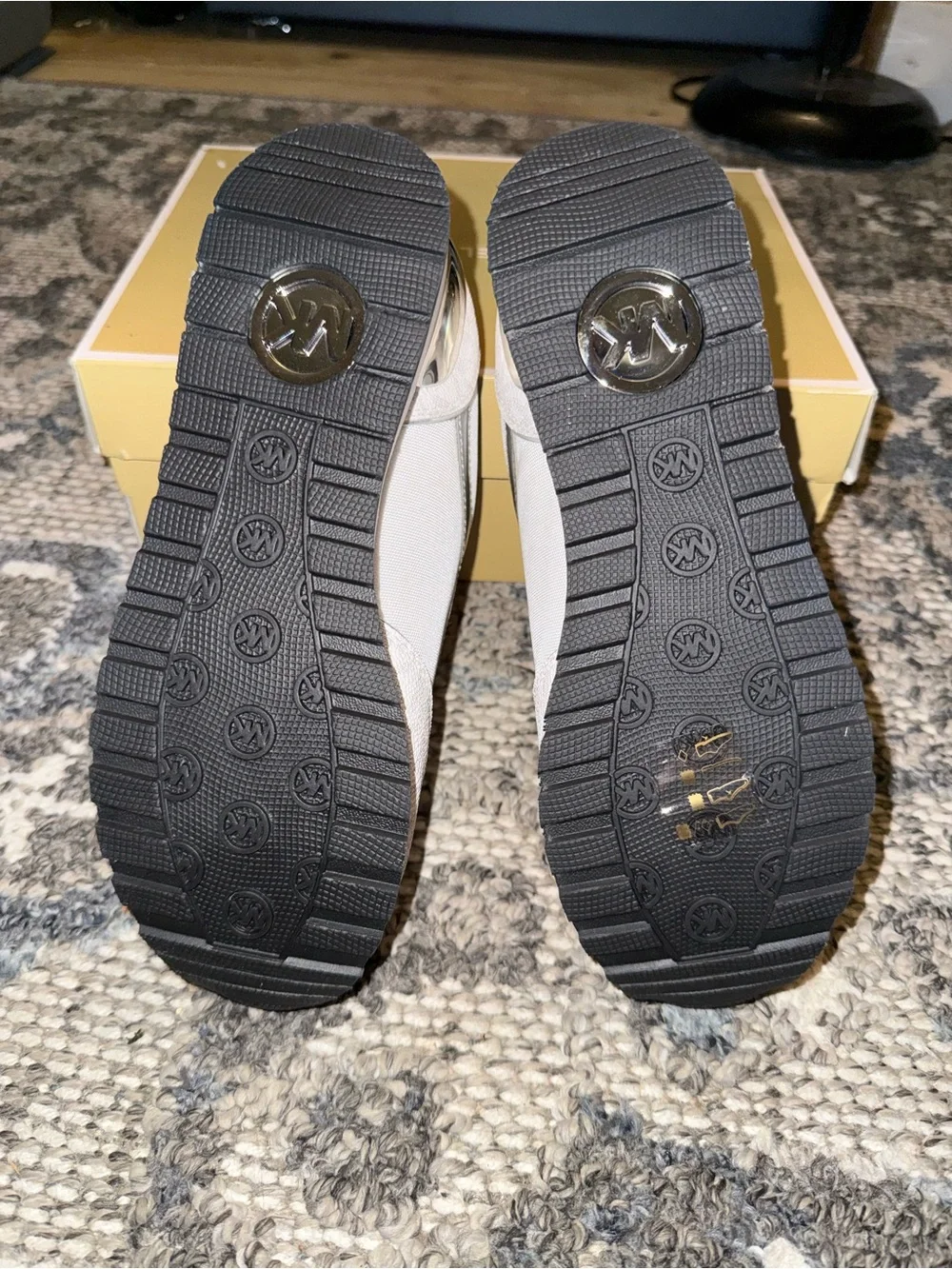 Michael Kors White, Black & Silver MK Logo Wedge Sneakers